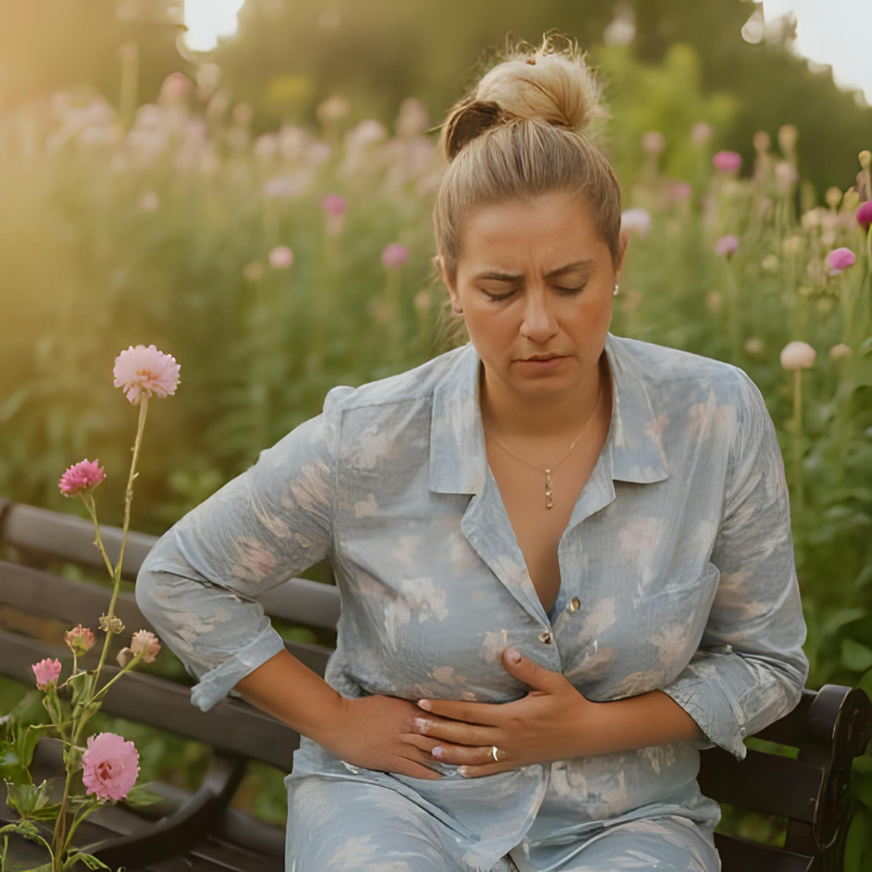 お腹に手を当てて悩む女性。